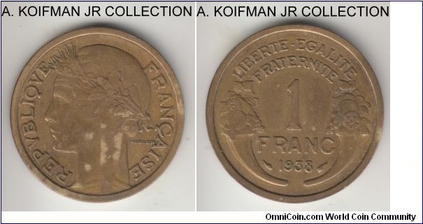 KM-885, 1938 France franc; aluminum-bronze, plain edge; extra fine details, possibly cleaned a bit.