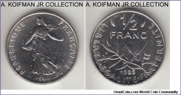 KM-931.1, 1985 France 1/2 franc, Paris mint; nickel, reeded edge; circulation strike, bright uncirculated.