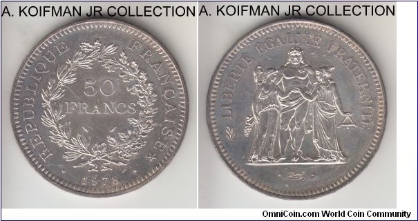 KM-941.1, 1978 France 50 francs; silver, raised lettered edge; Hercules design type, circulation strike, average uncirculated, some bag marks.