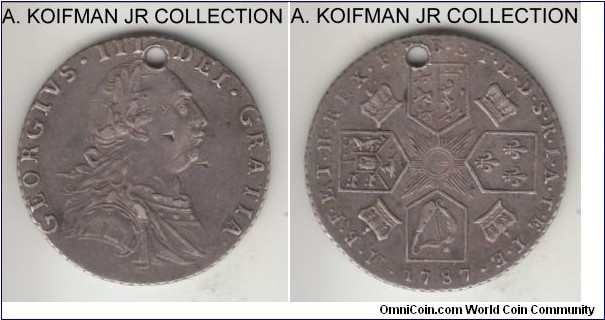 KM-606, 1787 Great Britain 6 pence; silver, slant reeded edge; George III, 1-year type, variety with hearts, good extra fine, but holed and a couple of punch marks on obverse.