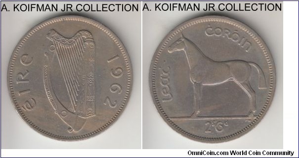KM-16a, 1962 Ireland 1/2 crown; copper-nickel, reeded edge; average uncirculated or almost, toned and slight center reverse discoloration.