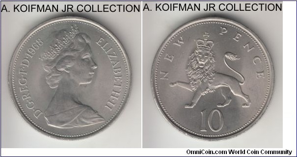 KM-912, 1968 Great Britain 10 new pence; copper-nickel, reeded edge, first (large type) decimal issue of Elizabeth II, choice uncirculated from BU set.