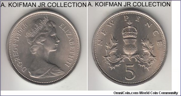 KM-911, 1968 Great Britain 5 new pence; copper-nickel, reeded edge, first (large type) decimal issue of Elizabeth II, choice uncirculated from BU set.