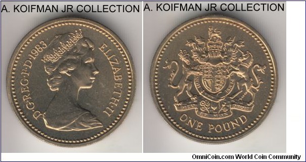 KM-933, 1983 Great Britain pound; proof, nickel-brass, reeded and lettered edge; Elizabeth II, Heraldic emblems series, decent proof.