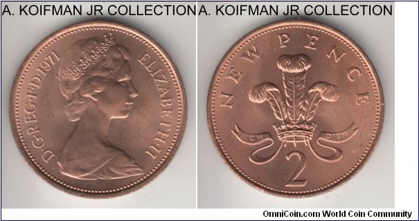 KM-916, 1971 Great Britain 2 new pence; bronze, plain edge; Elizabeth II, red uncirculated from the BU set.