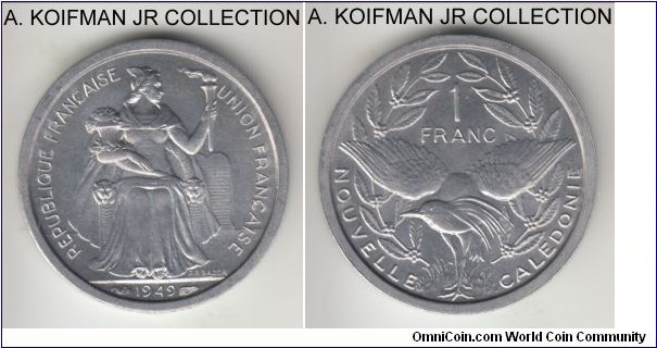 KM-2, 1949 New Caledonia franc; aluminum, plain edge; French Pacific Ocean overseas territory, 1-year type, bright uncirculated.