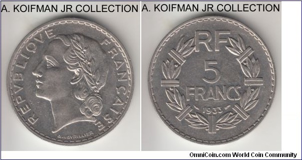 KM-888, 1933 France 5 francs; nickel, plain edge; bright good extra fine.