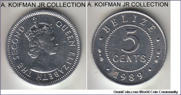 KM-34a, 1989 Belize 5 cents; aluminum, plain edge; Elizabeth II, average uncirculated, small reverse rust spot.