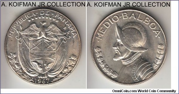 KM-12a.1, 1967 Panama 1/2 balboa; silver, reeded edge; smaller mintage year, brilliant uncirculated.