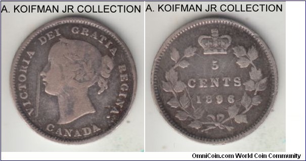 KM-2, 1896 Canada 5 cents; silver, reeded edge; late Victoris, average circulated, few scratches and slightly bent.