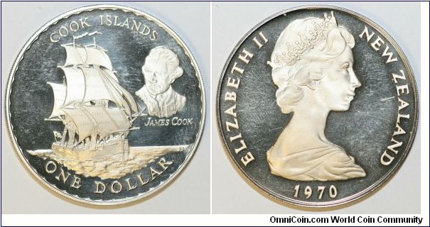 $1 Cook Island, James Cook's ship Endeavour sailing right, 1/4 left facing portrait of Cpt Cook.Commemorating 200th anniversary of the discovery of the Cook Islands by Captain James Cook in 1770 and the Royal visit to New Zealand in 1970.