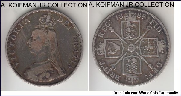 KM-763, 1888 Great Britain double florin (4 shillings); silver, reeded edge; Victoria, smallest mintage of the 4-year type, regular Victoria lettering, fine, old cleaning/polish.