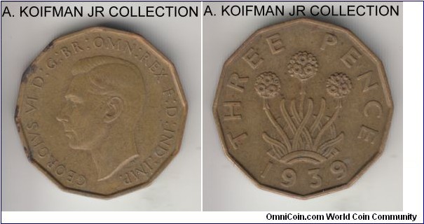 KM-849, 1939 Great Britain 3 pence; nickel-brass, 12-sided, plain edge; George VI, good very fine, obverse edge stain.