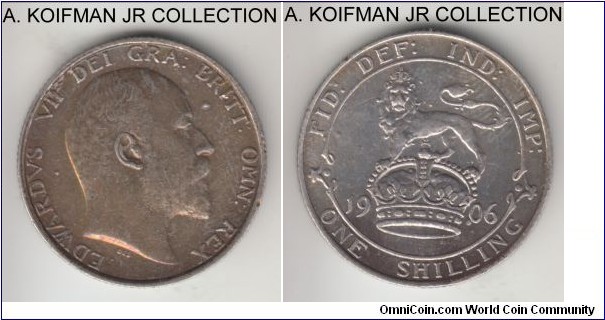 KM-800, 1906 Great Britain shilling; silver, reeded edge; Edward VII, extra fine details, old cleaning, struck with damaged or rusted dies resulting in 2 protruding obverse dots.