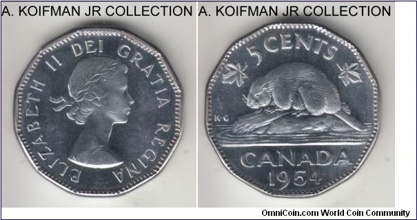 KM-50, 1954 Canada 5 cents; chromium plated steel, 12-sided flan, plain edge; Elizabeth II, almost uncirculated specimen with light cameo from the proof like set.