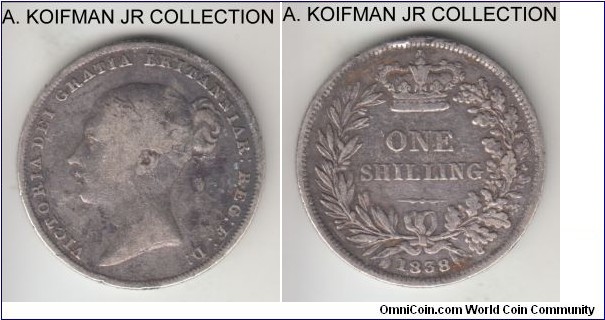 KM-734.1, 1838 Great Britain shilling; silver, reeded edge; Victoria, first type and first year, raised WW on truncation, very good, an edge knock.