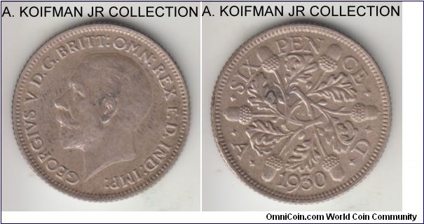KM-832, 1930 Great Britain 6 pence; silver, reeded edge; George V, oak leaves, average uncirculated, some uneven obverse toning.