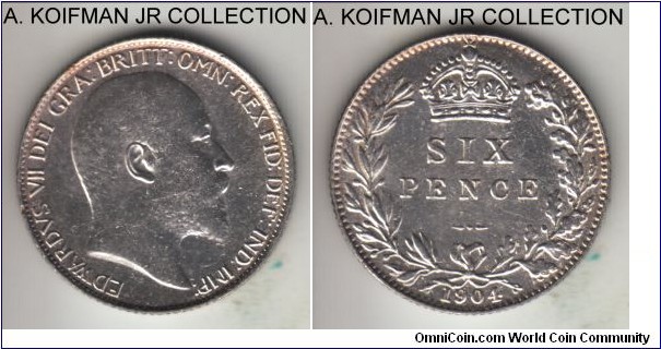 KM-799, 1904 Great Britain 6 pence; silver, reeded edge; Edward VII, extra fine details, cleaned.