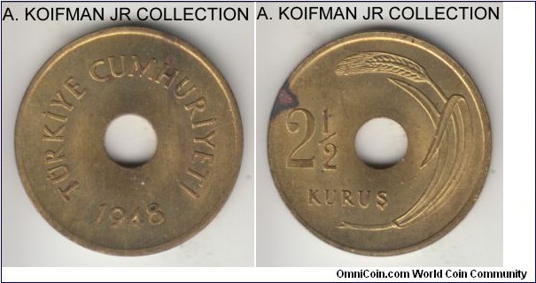 KM-885, 1948 Turkey 2 1/2 kurus; brass, plain edge, hotel flan; first year of the 4-year type, uncirculated, reverse carbon spot.