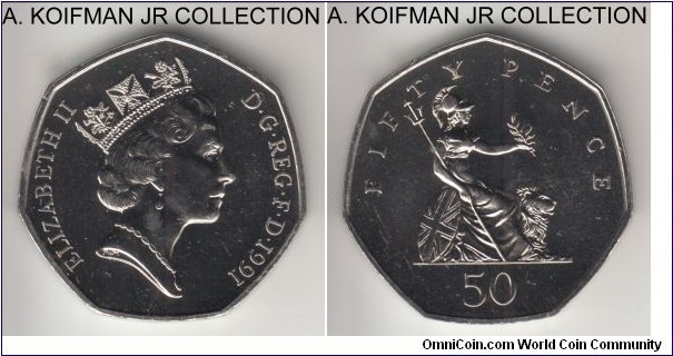 KM-940.1, 1991 Great Britain 50 new pence; copper-nickel, heptagonal (7-sided) flan, plain edge; Elizabeth II, minted in sets only, mintage 78,421, choice uncirculated with small bit of toning.