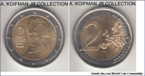 KM-3134, 2020 Austria 2 euro; bimetallic: nickel brass clad nickel centre in copper-nickel ring, lettered and ornamented edge; Bertha von Suttner, 2-nd Europe map, average uncirculated.