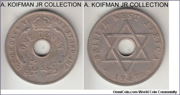 KM-19, 1947 British West Africa penny, Heaton mint (H mint mark); copper-nickel, holed flan, plain edge; George VI, one of the more common years, dull toned extra fine or about, reverse is sharp, but obverse crown is weakly struck.