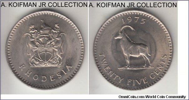 KM-16, 1975 Rhodesia 25 cents; copper-nickel, reeded edge; late Republican coinage, 1-year type, straight edge variety, average uncirculated.