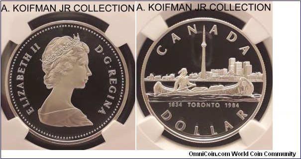 KM-140, 1984 Canada dollar; silver, reeded edge; Elizabeth II, Toronto Sesquicentennial commemorative, NGC graded PF 69 ULTRA CAMEO.