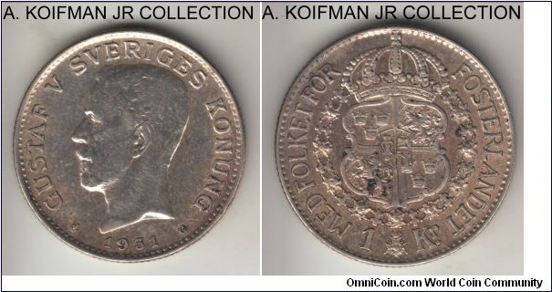KM-786.2, 1931 Sweden krona; silver, reeded edge; Gustaf V, good very fine details, cleaned, obverse scratch and some reverse carbon spots.