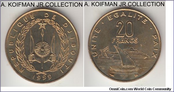 KM-24, 1999 Djibouti 20 francs, Paris mint (a); aluminum-bronze, plain edge; post independence issue, issued only in 1,800 sets, uncirculated.