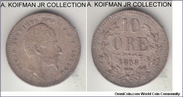KM-683, 1858 Sweden 10 ore; silver, plain edge; Oscar I, smaller mintage year, regular not amended date, toned almost uncirculated, couple of die breaks.