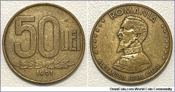 50 Lei (Romania, Post-Revolutionary Republic // Brass plated Steel)