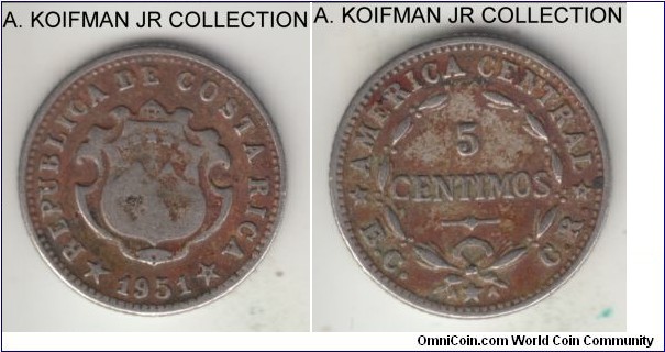 KM-A184, 1951 Costa Rica 5 centimos; Philadelphia mint; copper-nickel, reeded edge; 1-year type struck in 1951-52, dark toned fine or so.