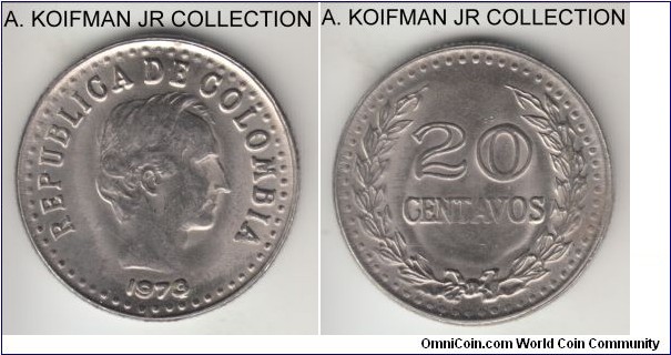 KM-246.1, 1973 Colombia 20 centavos; nickel clad steel, reeded edge; 7 over 1 overdate variety, average uncirculated, few spots.