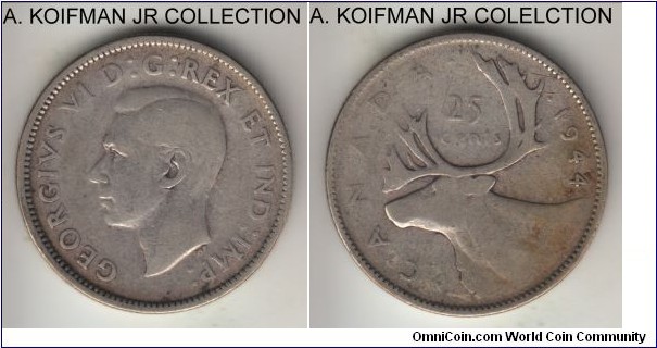 KM-35, 1944 Canada 25 cents; silver, reeded edge; George VI, common year, well circulated and worn, very good or so.