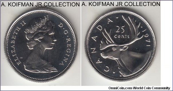 KM-62b, 1971 Canada 25 cents; nickel, reeded edge; Elizabeth II, proof like, uncirculated.