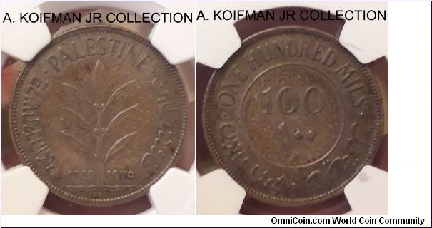 KM-6, 1935 Palestine 100 mils; silver, reeded edge; George V British mandate issue, NGC graded AU58.