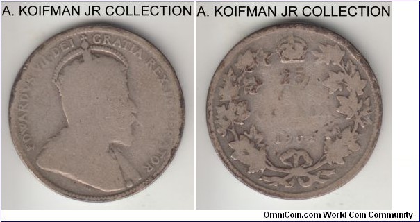 KM-11, 1904 Canada 25 cents, Royal mint (no mint mark); silver, reeded edge; Edward VII, scarcest year, worn.