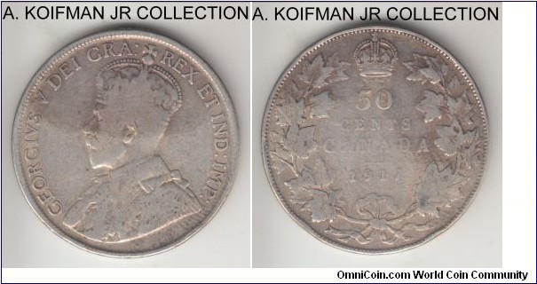 KM-25, 1917 Canada 50 cents; silver, reeded edge; George V, very good or about, obverse part toned, old cleaning.