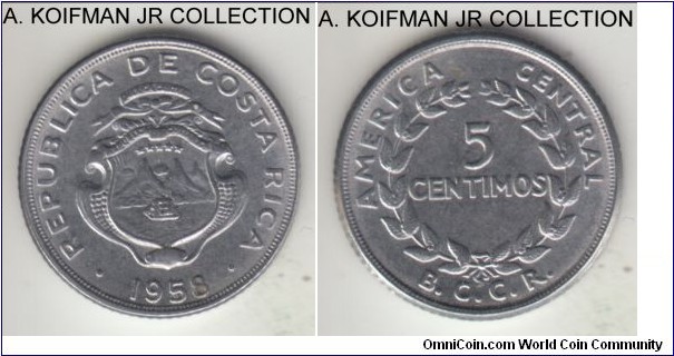 KM-184.1a, 1958 Costa Rica 5 centimos, Philadelphia mint; stainless steel, reeded edge; common coin, uncirculated or almost.