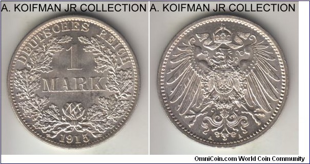 KM-14, 1915 Germany (Empire) mark, Berlin mint (A mint mark); silver, reeded edge; Wilhelm II, common year, bright white choice uncirculated.