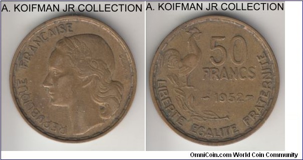 KM-918.1, 1952 France 50 francs, Paris mint (no mint mark); aluminum-bronze, plain edge; common year, extra fine.