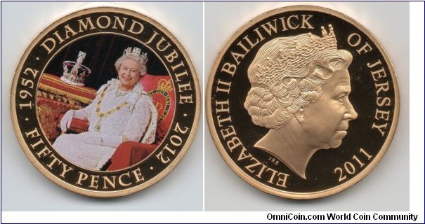 50p. 1952-2012 Diamond Jubilee Queen sat with 2 Crowns