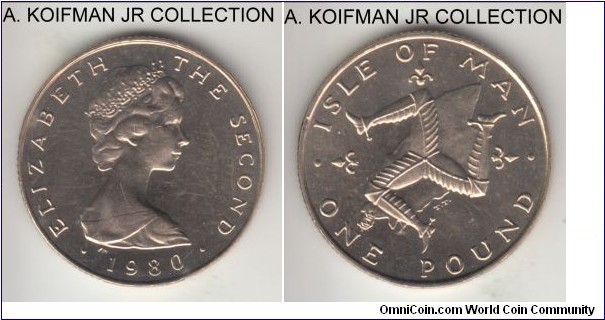 KM-44, 1980 Isle of Man pound, Pobjoy Mint (PM mint mark); virenium, segment reeded edge; Elizabeth II, AB TT (tourist trophy) die variety, average uncirculated or almost.