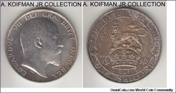 KM-800, 1910 Great Britain shilling; silver, reeded edge; Edward VII, good extra fine, obverse may have been cleaned and retoning.
