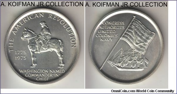 1975 Heraldic Art commemorative medal; silver, reeded edge; Second Continental Congress commemorative issue by Heraldic Art, lightly toned, mintage up to 6,000.
