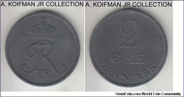 KM-840.2, 1958 Denmark 2 ore; zinc, plain edge; Frederik IX, common circulation issue, typically dark (for zinc) almost uncirculated.
