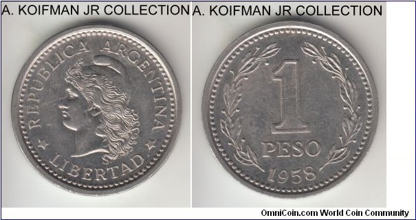 KM-57 (Prev. KM-32), 1958 Argentina peso; nickel clad steel, plain edge; common circulation issue, good extra fine.