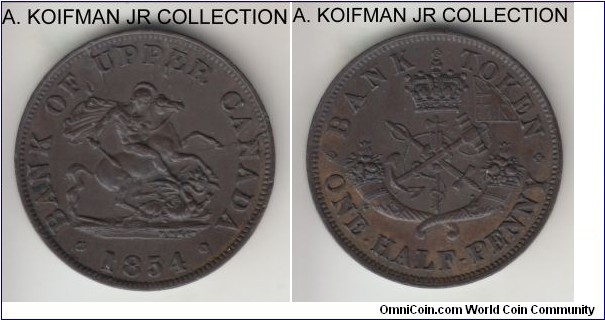 KM-Tn2, 1854 Upper Canada half penny token, Heaton mint (coin alignment); copper, plain edge; bank of Upper Canada token, PC-5C1 - regular 4 variety, brown good extra fine to almost uncirculated.