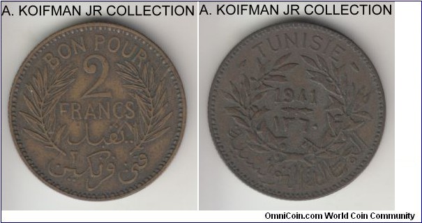 KM-248, 1941 Tunisia 2 francs, Paris mint; aluminum-bronze, reeded edge; anonymous ruler, dark very fine.